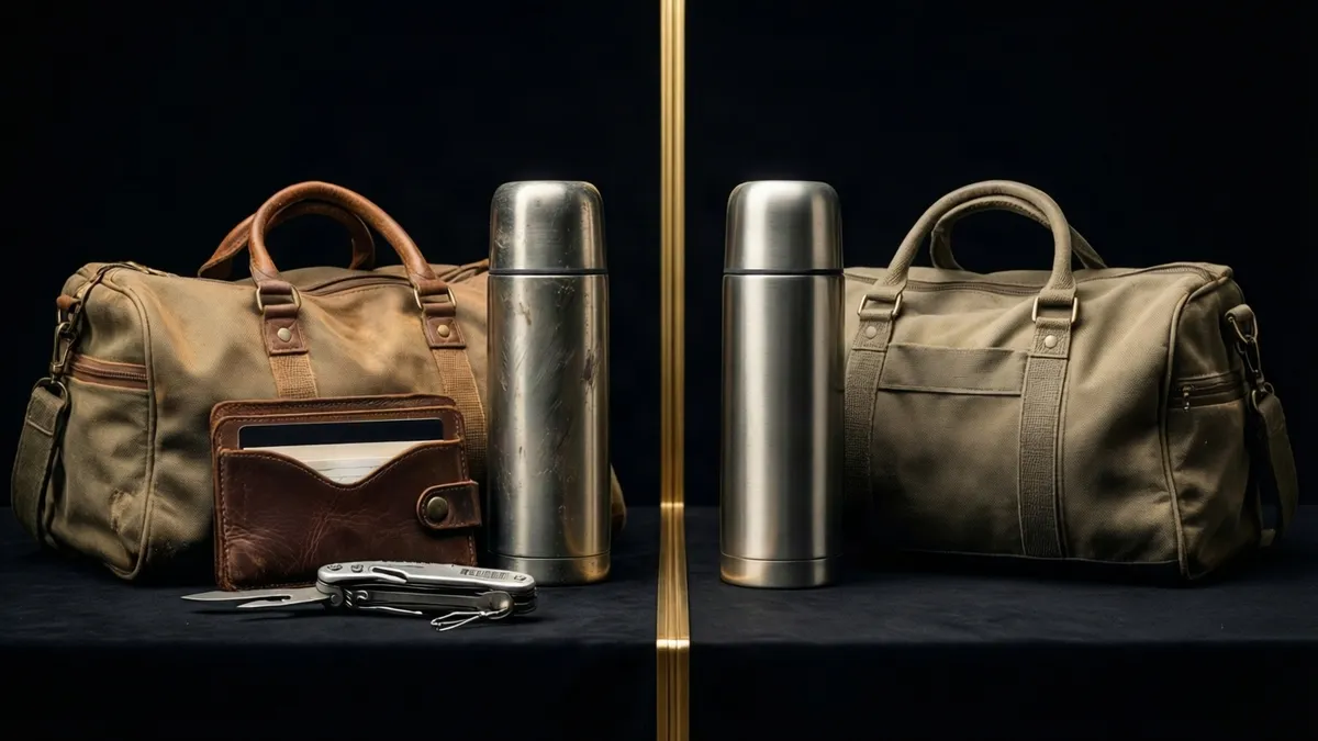 Two halves of a dark still life split by a vertical gold line: on the left a scuffed canvas duffel, a worn brown leather card holder, a dented steel thermos and an open multi-tool; on the right the same duffel and thermos unused and unmarked