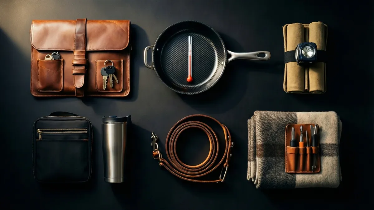 Six groupings laid out on a dark surface in two rows: a brown leather laptop sleeve with keys, a steel skillet with a probe thermometer, two rolled canvas tool rolls with a headlamp, a black zip organizer beside an insulated travel mug, a coiled leather guitar strap, and a folded checked wool blanket with a tool roll of drivers