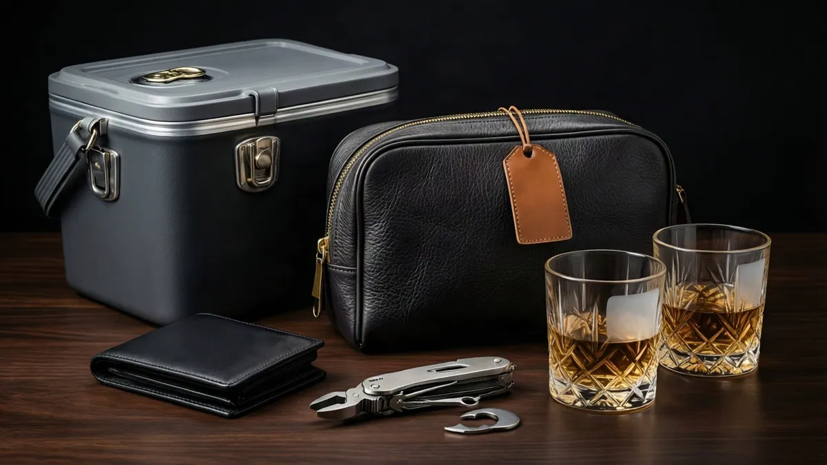 A black cooler, leather toiletry bag, wallet, multi-tool, and two whiskey glasses sit arranged on a dark wooden surface against a black background.
