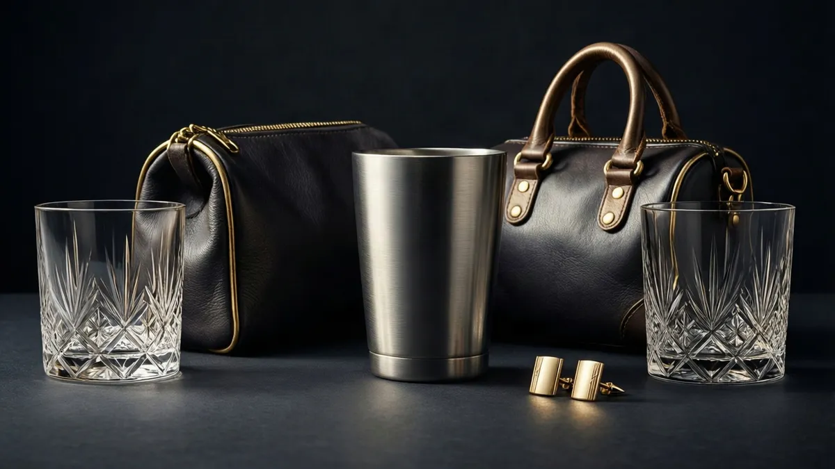 A brushed steel tumbler between a leather wash bag and a leather duffel on a dark surface, flanked by two cut-crystal glasses with a pair of gold cufflinks in front