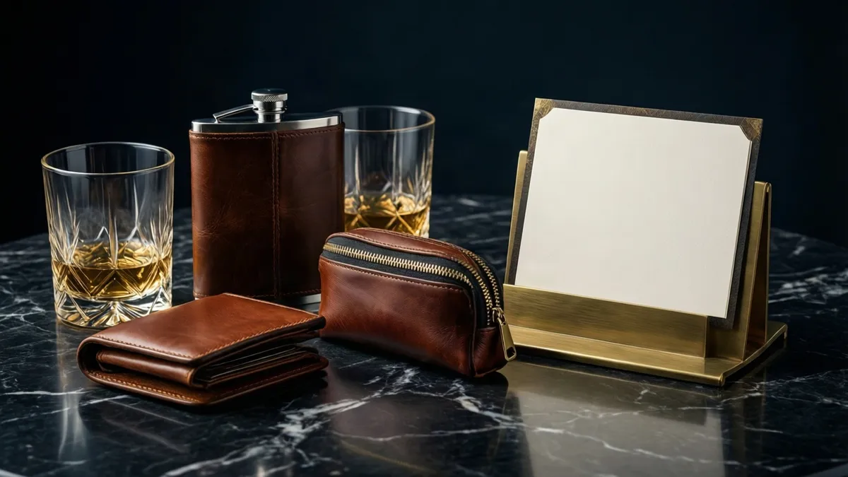 Brown leather wallet, pouch, and flask sit on dark marble beside two whiskey glasses and a brass card holder.