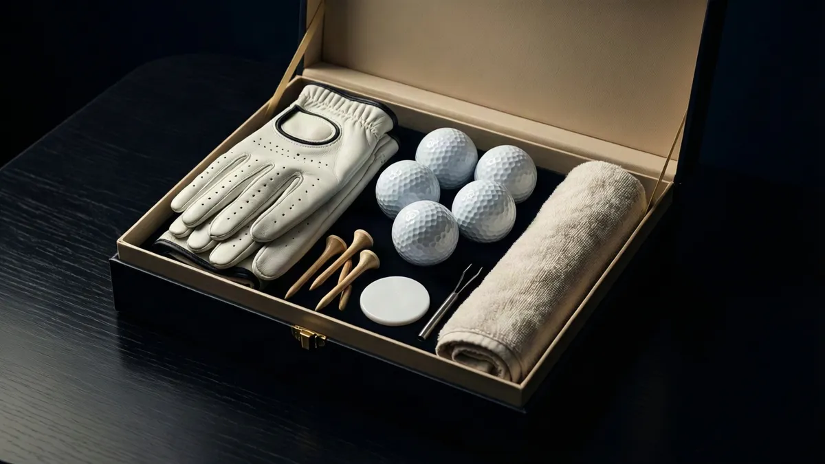 An open black box with a beige interior holds white golf gloves, five white balls, wooden tees, a white disc, a metal tool, and a rolled beige towel.