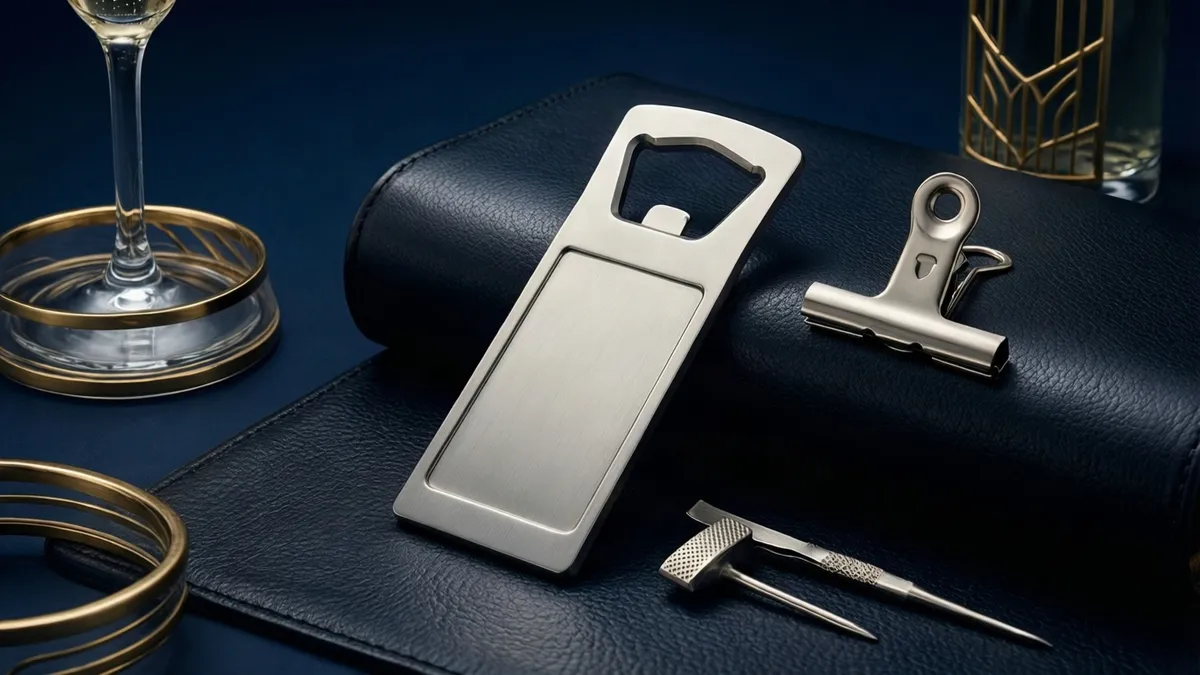 A silver bottle opener, binder clip, and fruit corer sit on a dark blue leather case near gold wire rings.
