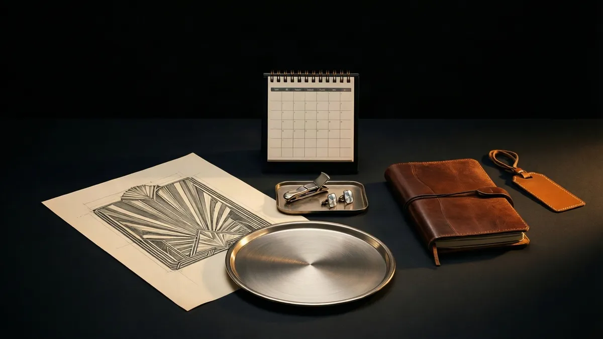 On a dark surface: a paper engraving proof showing a geometric fan design, a blank brushed-metal plate, a small tray holding a money clip and cufflinks, a brown leather journal closed with a strap, a tan luggage tag, and a standing desk calendar with an empty grid