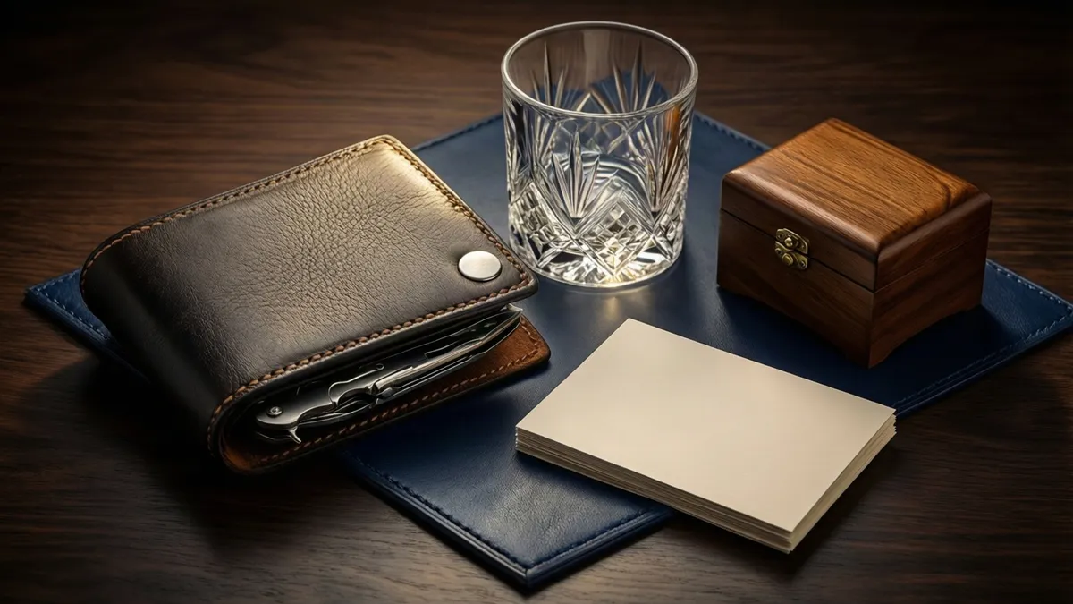A dark leather wallet, cut crystal glass, wooden box, and cream notepad rest on a blue leather mat atop a dark wood surface.