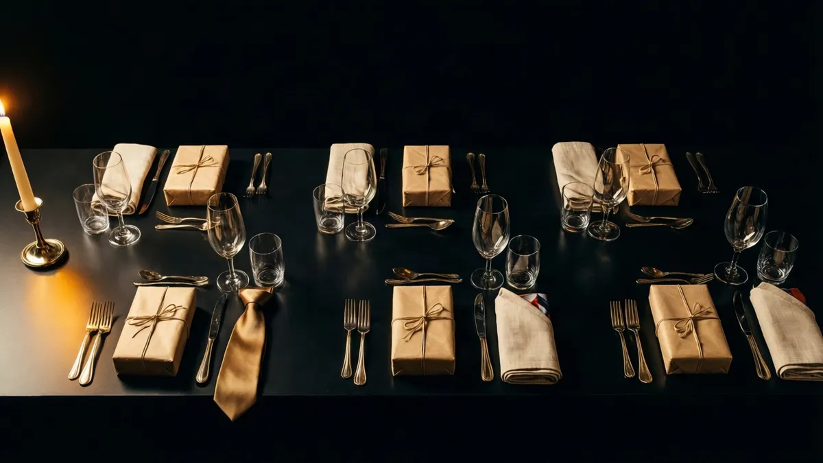 A dark dinner table set for six, seen from above, with a kraft-paper parcel tied in twine at every place setting beside folded napkins, glasses and cutlery, a gold necktie laid across one setting and a lit candle at the far left